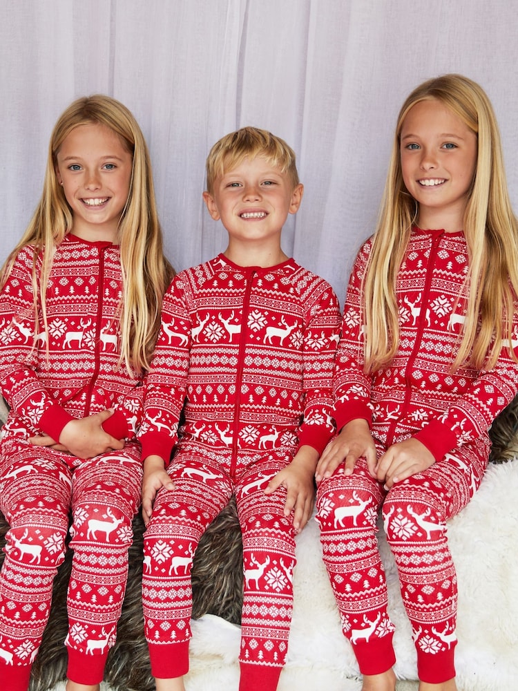 The Little Tailor Kids Reindeer Christmas Fairisle Pattern 100% Cotton All-In-One - Image 1 of 9
