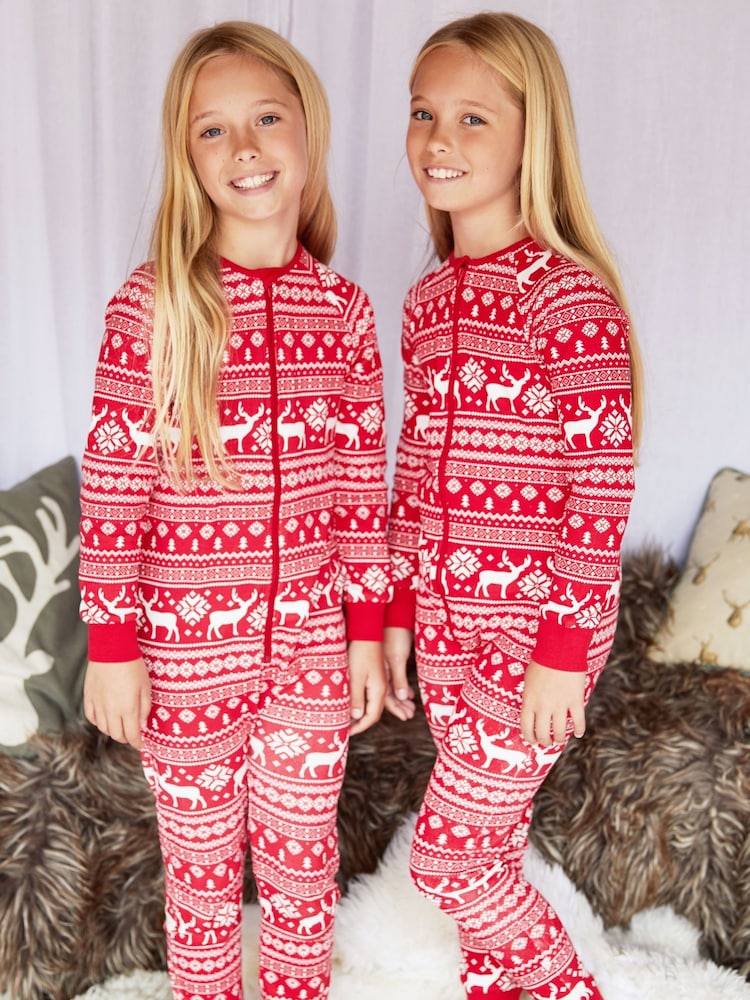 Rood - The Little Tailor Kids Reindeer Christmas Fairisle Pattern 100% Cotton All-In-One - Image 3 of 9