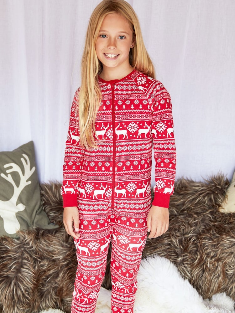 Rood - The Little Tailor Kids Reindeer Christmas Fairisle Pattern 100% Cotton All-In-One - Image 4 of 9
