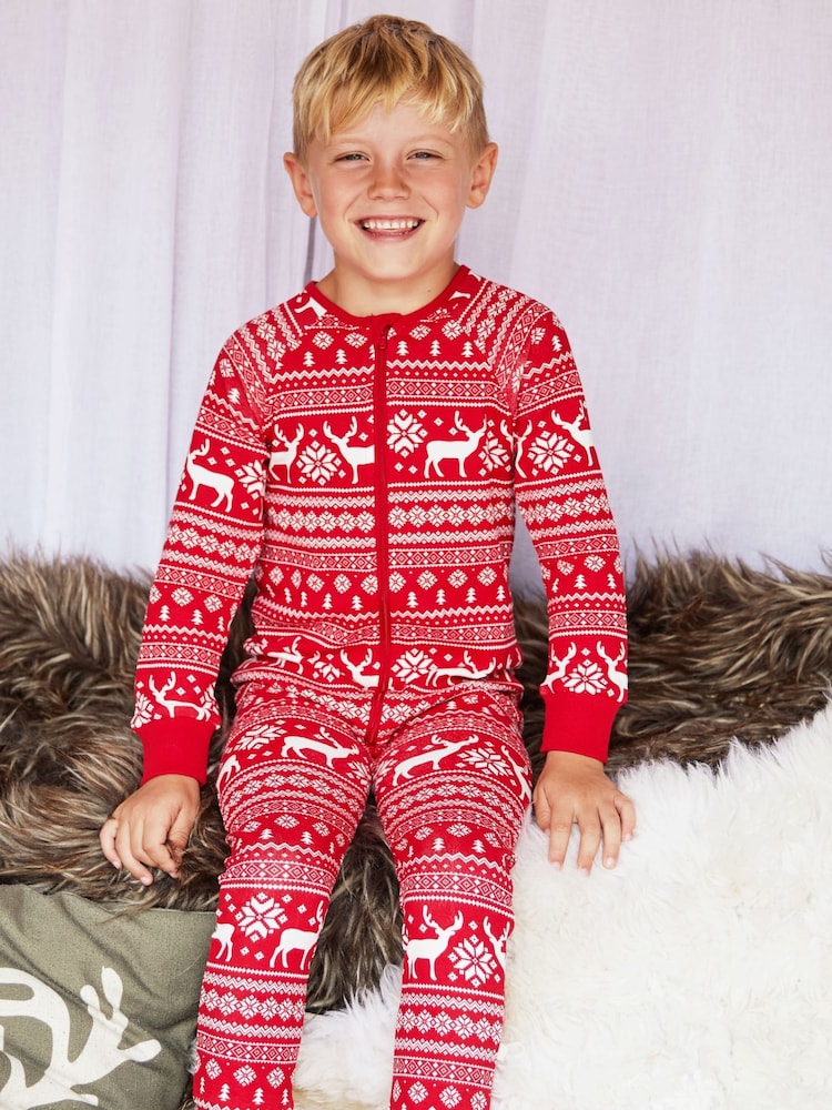 Rood - The Little Tailor Kids Reindeer Christmas Fairisle Pattern 100% Cotton All-In-One - Image 5 of 9