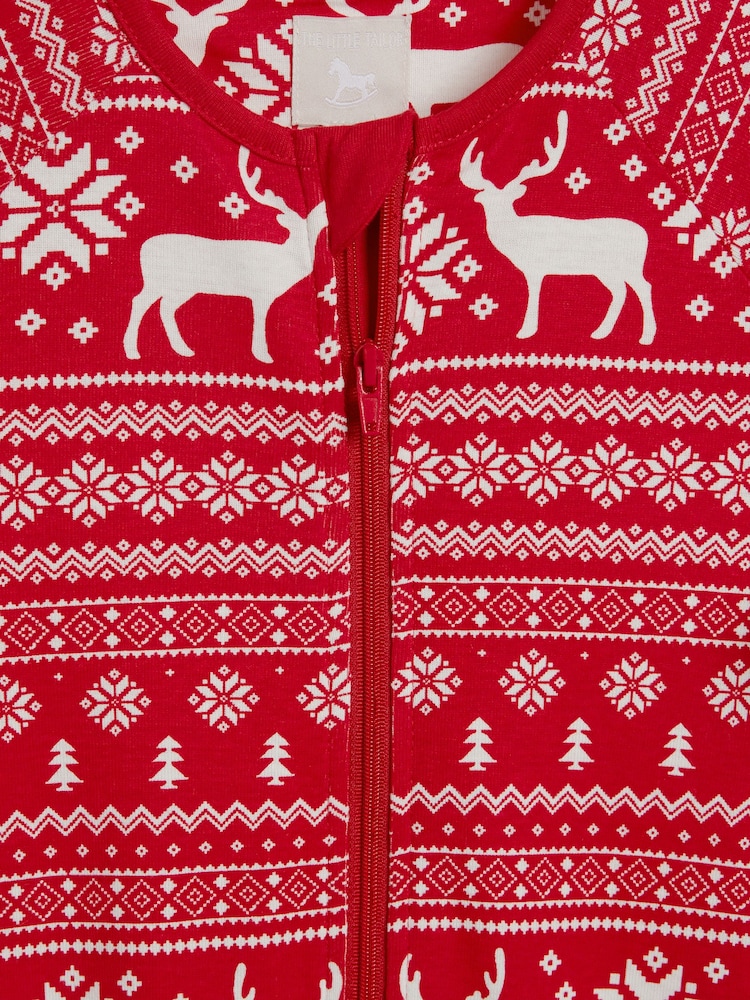 Rood - The Little Tailor Kids Reindeer Christmas Fairisle Pattern 100% Cotton All-In-One - Image 8 of 9