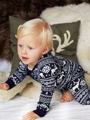 modra - The Little Tailor Baby 100% Cotton Reindeer Christmas Fairisle Pattern All-In-One - Slika 1 iz 8