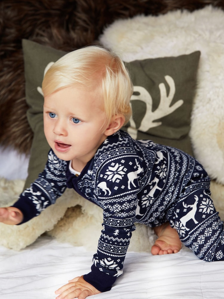 modra - The Little Tailor Baby 100% Cotton Reindeer Christmas Fairisle Pattern All-In-One - Slika 1 iz 8