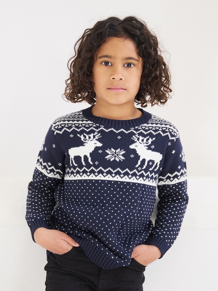 The Little Tailor Kids Christmas 100% Cotton Reindeer Pattern Jumper - Image 1 of 7