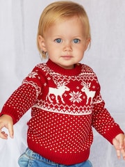 The Little Tailor Baby Christmas 100% Cotton Reindeer Fairisle Pattern Jumper - Image 1 of 5