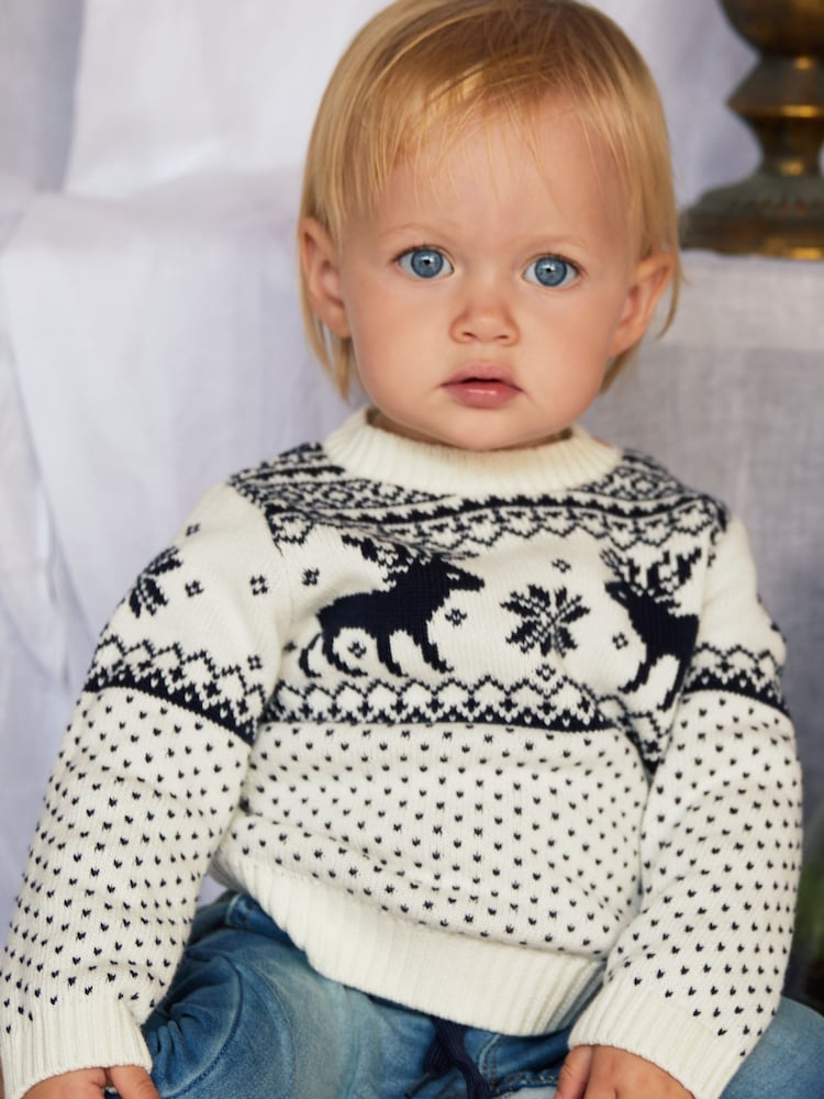 The Little Tailor Baby Christmas 100% Cotton Reindeer Fairisle Pattern Jumper - Image 1 of 6