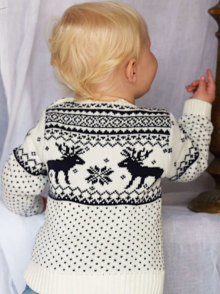 The Little Tailor Baby Christmas 100% Cotton Reindeer Fairisle Pattern Jumper - Image 2 of 6