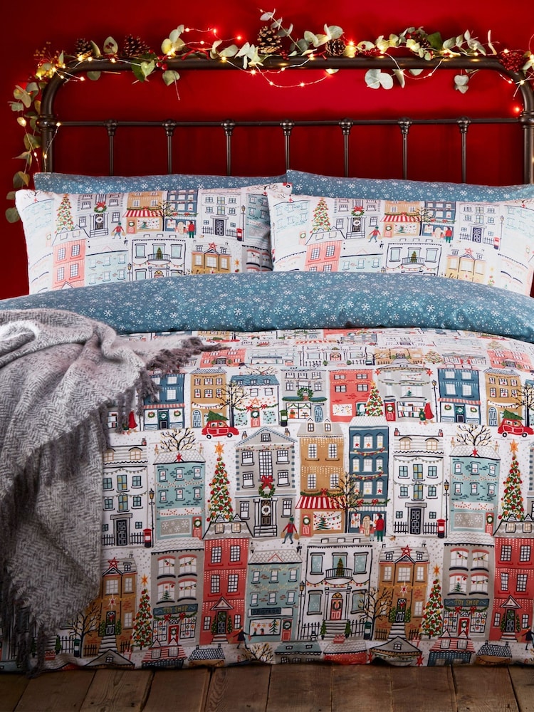 furn. Multicolour Multicolour Festive Town Christmas Reversible Duvet Cover and Pillowcase Set - Image 1 of 3