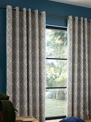 Pineapple Elephant Teal Blue Ziri Eyelet 100% Cotton Curtains - Image 1 of 5