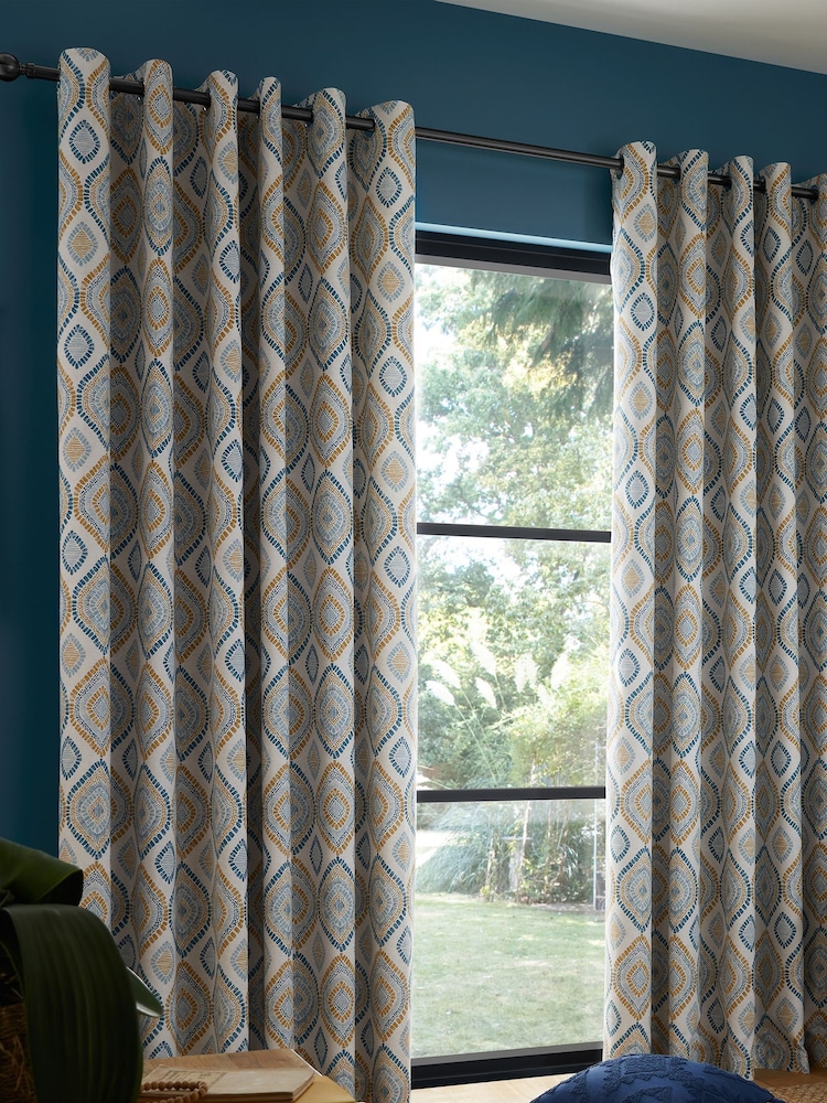 Pineapple Elephant Teal Blue Ziri Eyelet 100% Cotton Curtains - Image 1 of 5