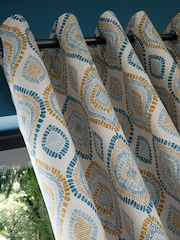 Pineapple Elephant Teal Blue Ziri Eyelet 100% Cotton Curtains - Image 2 of 5