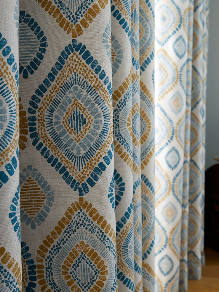 Pineapple Elephant Teal Blue Ziri Eyelet 100% Cotton Curtains - Image 5 of 5