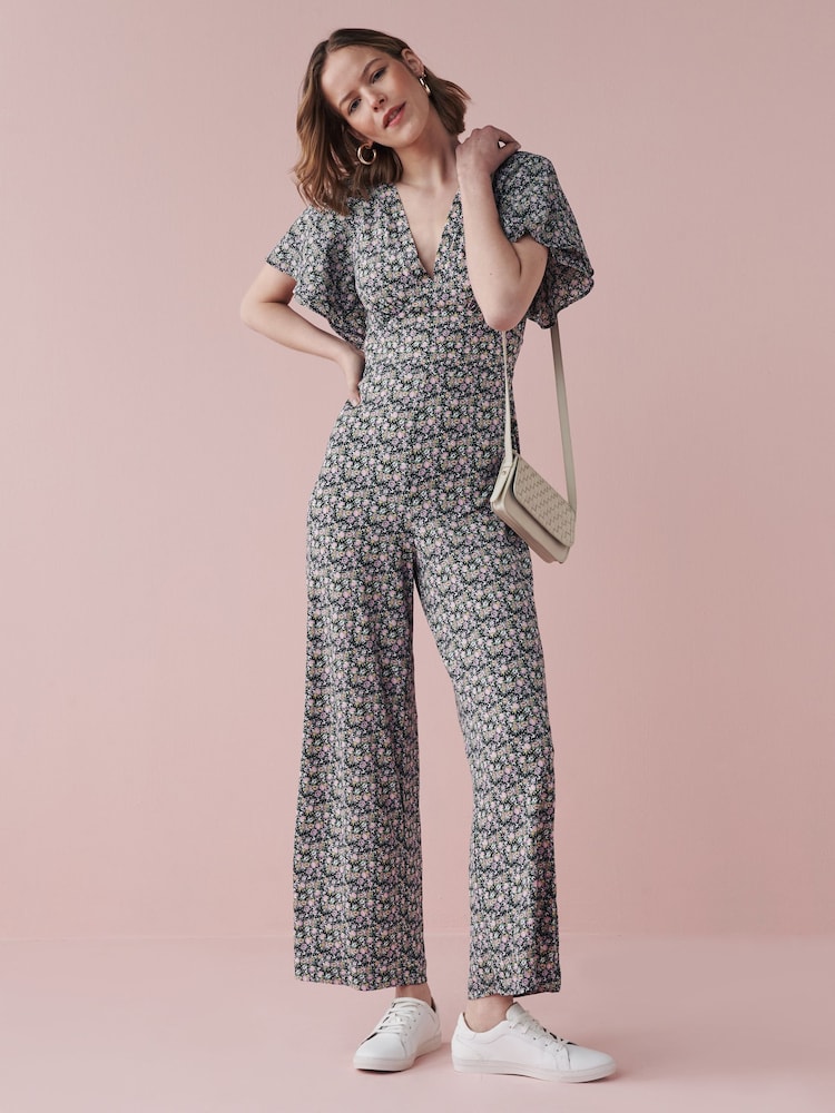 Lilac Purple Ditsy Floral Flute Sleeve V-Neck Jumpsuit - Image 1 of 3