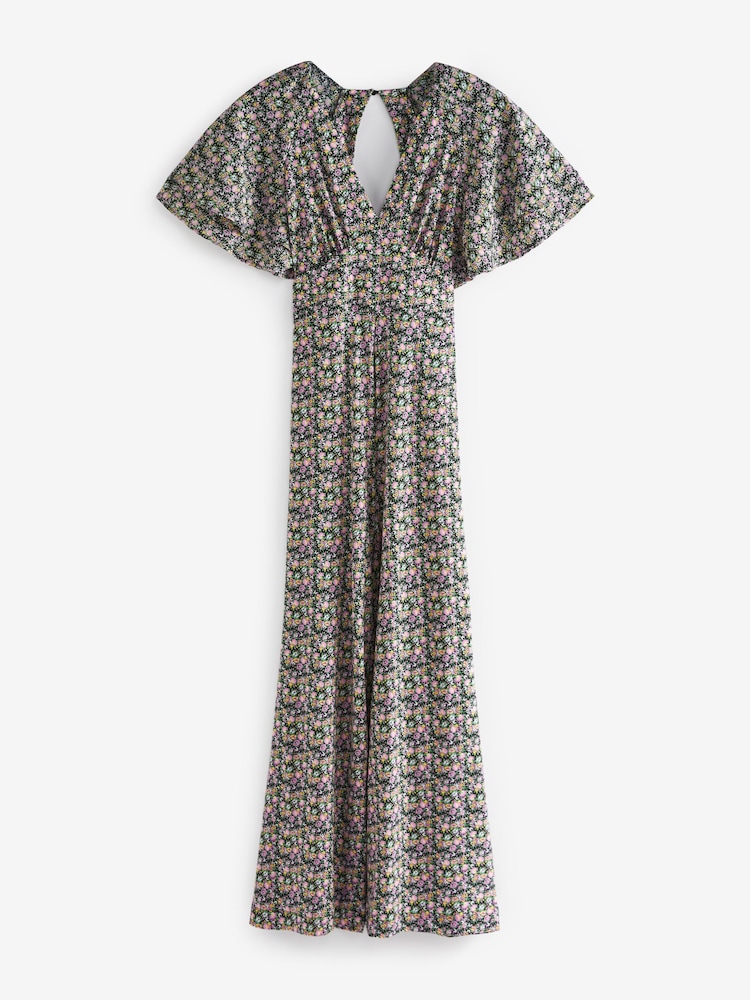 Lilac Purple Ditsy Floral Flute Sleeve V-Neck Jumpsuit - Image 3 of 3