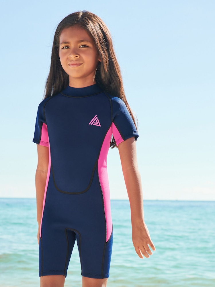 Short Sleeve Navy Blue/Pink 3mm Neoprene Wetsuit (1-16yrs) - Image 1 of 11