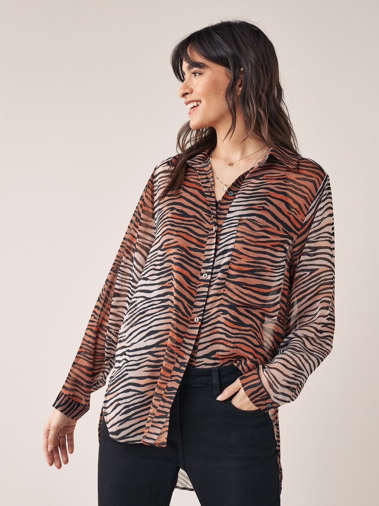 Brown Animal Sheer Longline Shirt - Image 1 of 6