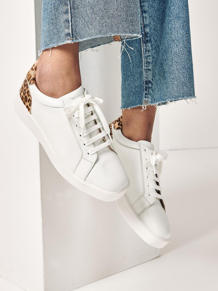White with Animal Wide Fit Signature Leather Lace-Up Trainers - Image 1 of 7