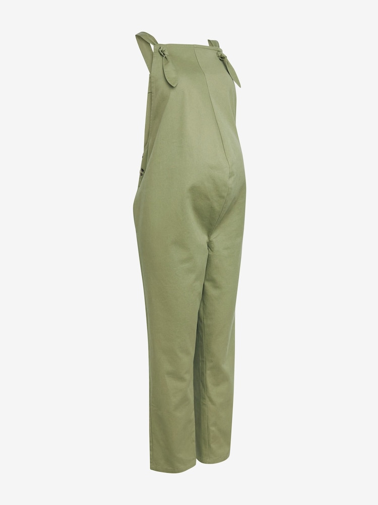 Khaki Green Maternity Adjustable Strap Cotton Relaxed Jumpsuit - Image 2 of 3