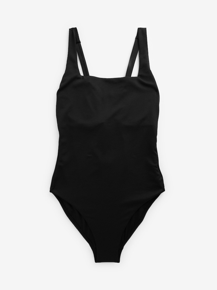 Black Textured Tummy Control DD+ Square Neck Swimsuit - Image 1 of 5