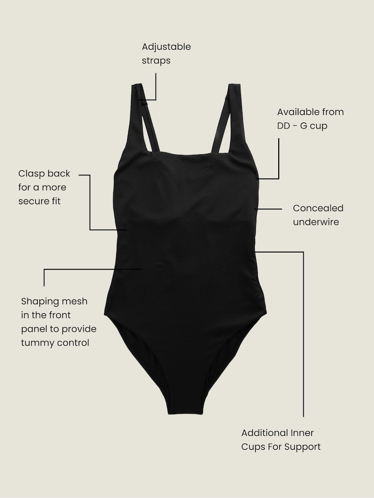 Black Textured Tummy Control DD+ Square Neck Swimsuit - Image 2 of 5