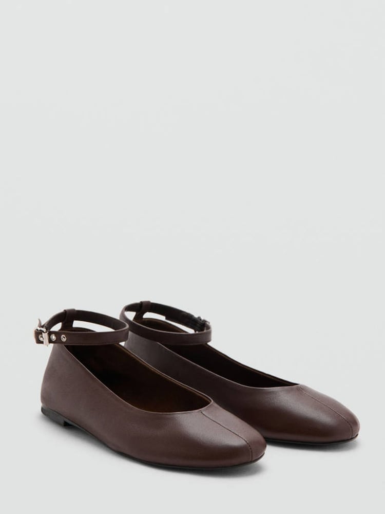 Mango Brown Ankle Strap Ballet Pumps - Image 1 of 4 Mango Brown Ankle Strap Ballet Pumps - Image 1 of 4