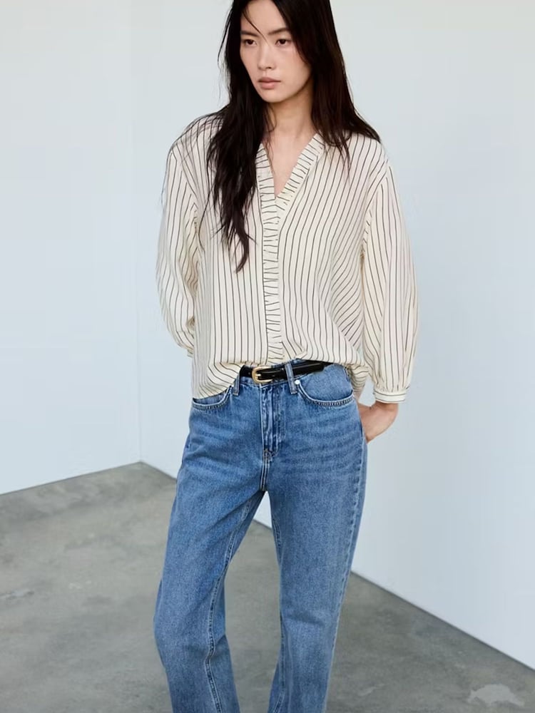 Mango Cream Stripe Blouse With Frill Trim - Image 1 of 7