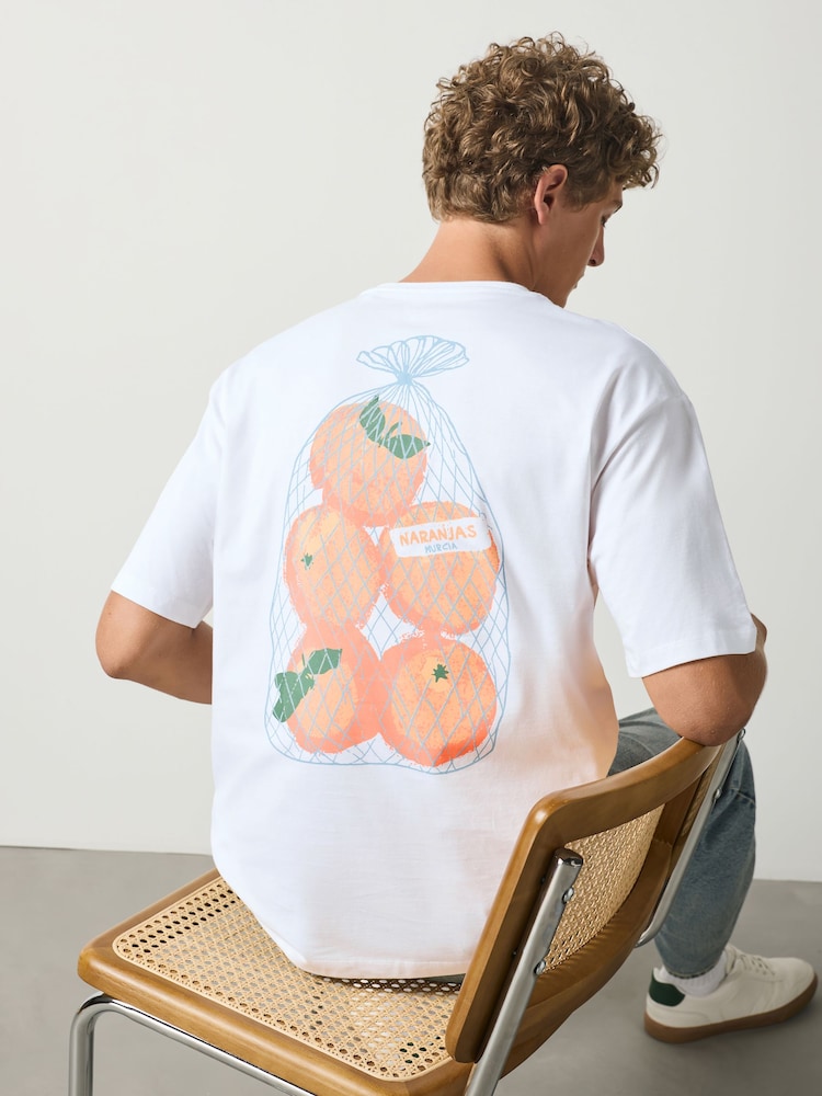 Ecru White Oranges Relaxed Fit Graphic Print Heavy Weight T-Shirt - Image 1 of 8 Ecru White Oranges Relaxed Fit Graphic Print Heavy Weight T-Shirt - Image 1 of 8