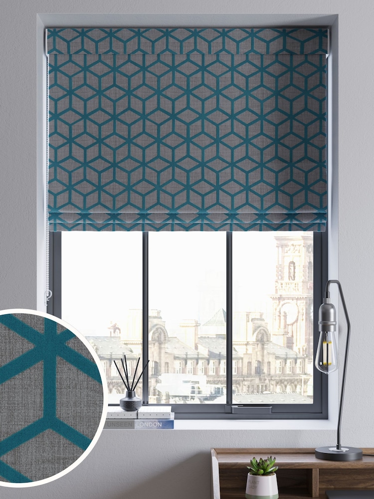 Teal Blue Flock Geo Made To Measure Roman Blinds - Image 1 of 6