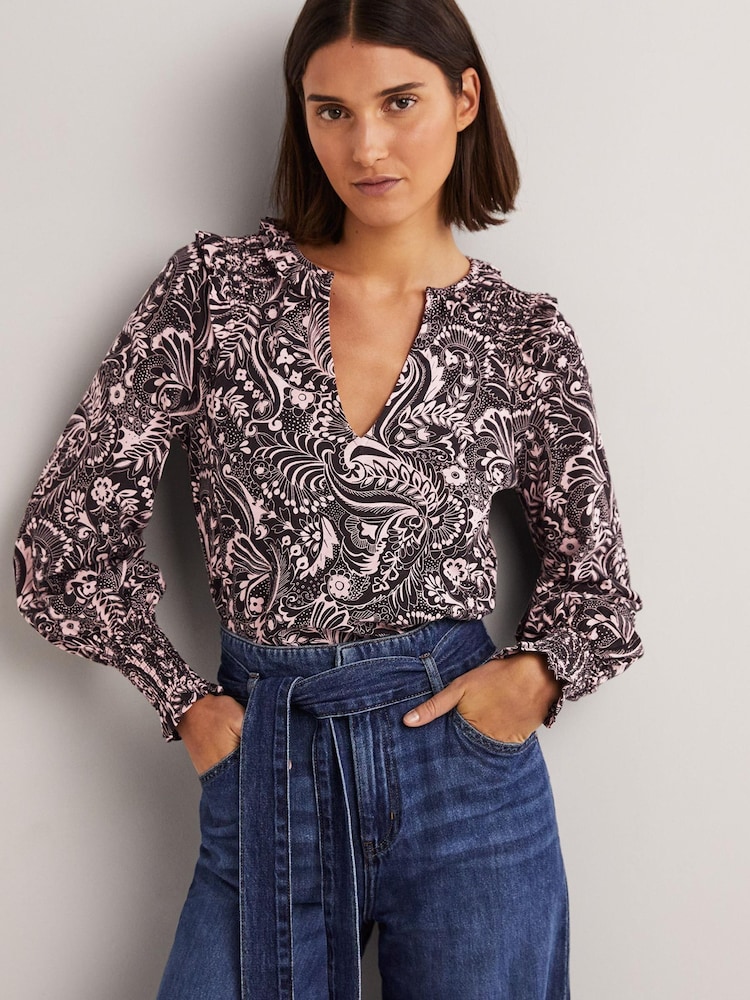 Boden T1034 Notch Neck Smocked Black Frill Top - Image 1 of 6 Boden T1034 Notch Neck Smocked Black Frill Top - Image 1 of 6