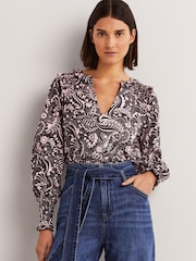 Boden T1034 Notch Neck Smocked Black Frill Top - Image 2 of 6