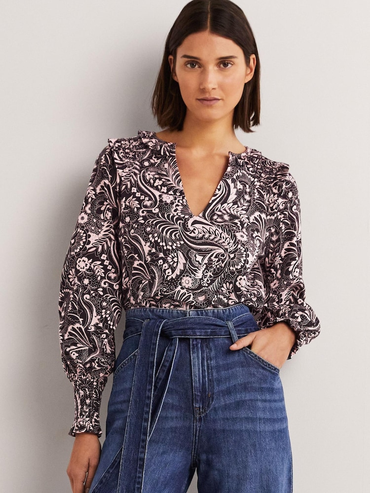 Boden T1034 Notch Neck Smocked Black Frill Top - Image 2 of 6
