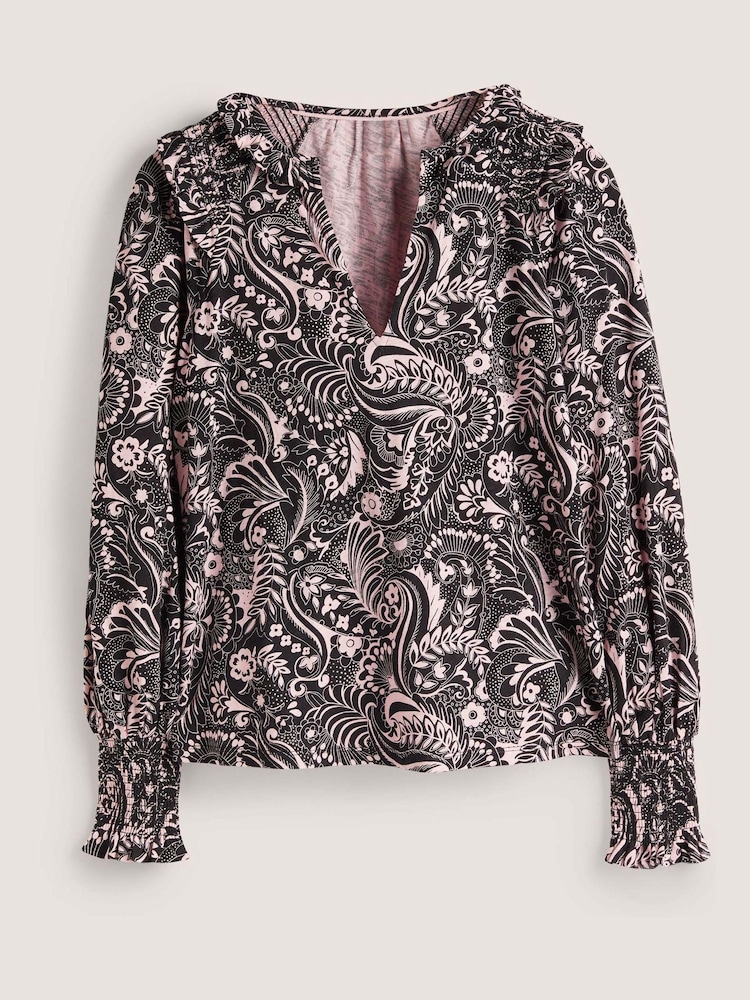 Boden T1034 Notch Neck Smocked Black Frill Top - Image 6 of 6