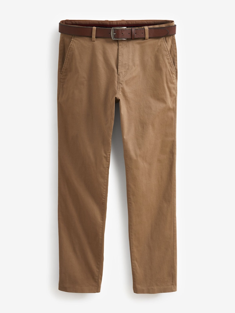 Tan Brown Straight Fit Belted Soft Touch Chino Trousers - Image 1 of 4