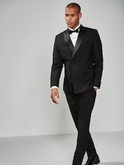 Black Slim Fit Double Breasted Suit Jacket - Image 2 of 11