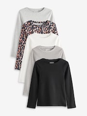 Black/Animal/White/Stripe 5 Pack Ribbed Long Sleeve Tops (3-16yrs) - Image 1 of 3