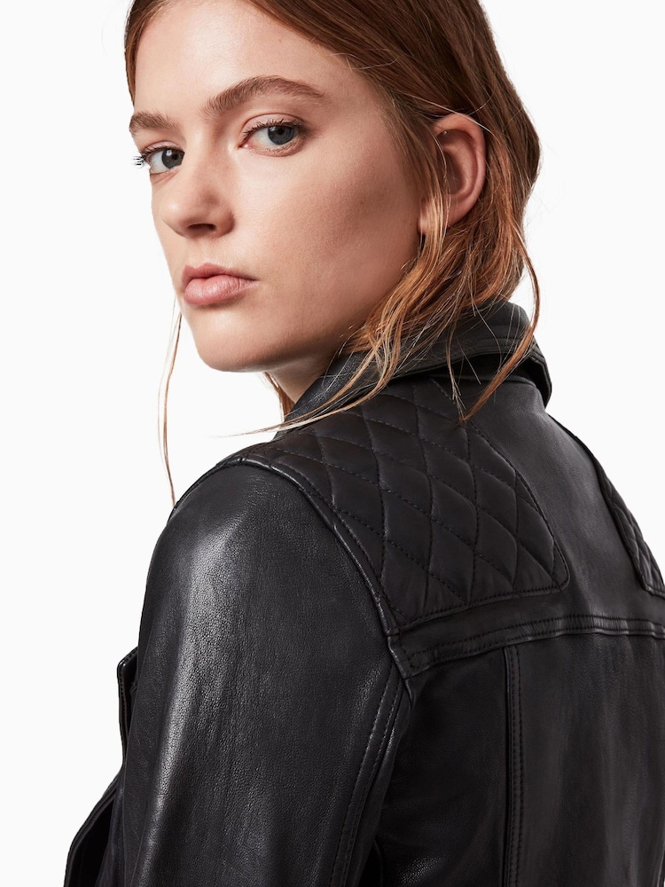 AllSaints Black Conroy Leather Biker Jacket - Image 6 of 10