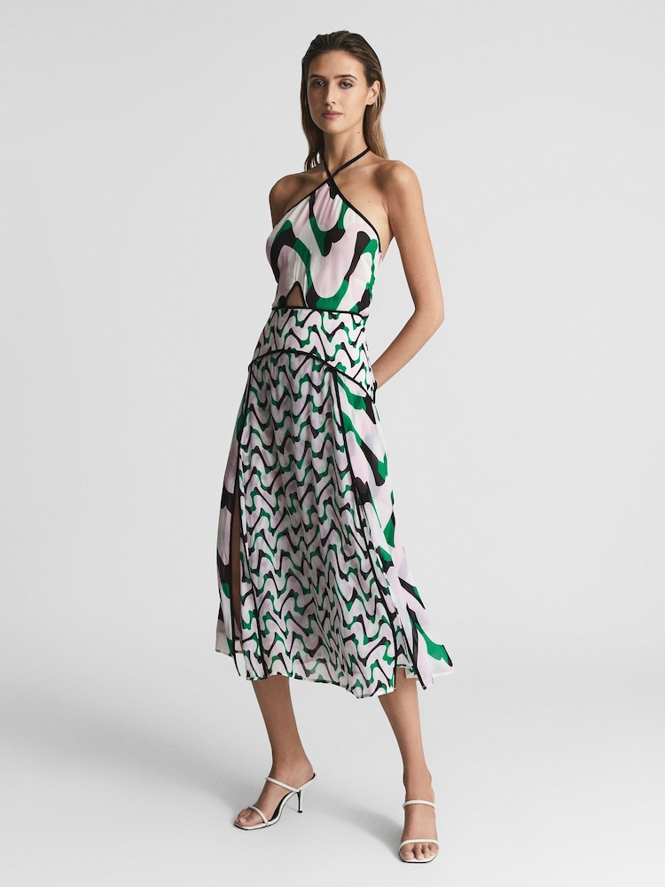 Reiss Pink/Green Alex Cut-Out Midi Dress - Image 1 of 5