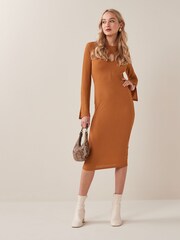 Tan Brown Cut Out Long Sleeve Midi Dress - Image 1 of 1