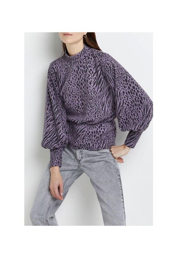 River Island Purple Blouson Leo Jacquard High Neck Top - Image 1 of 5