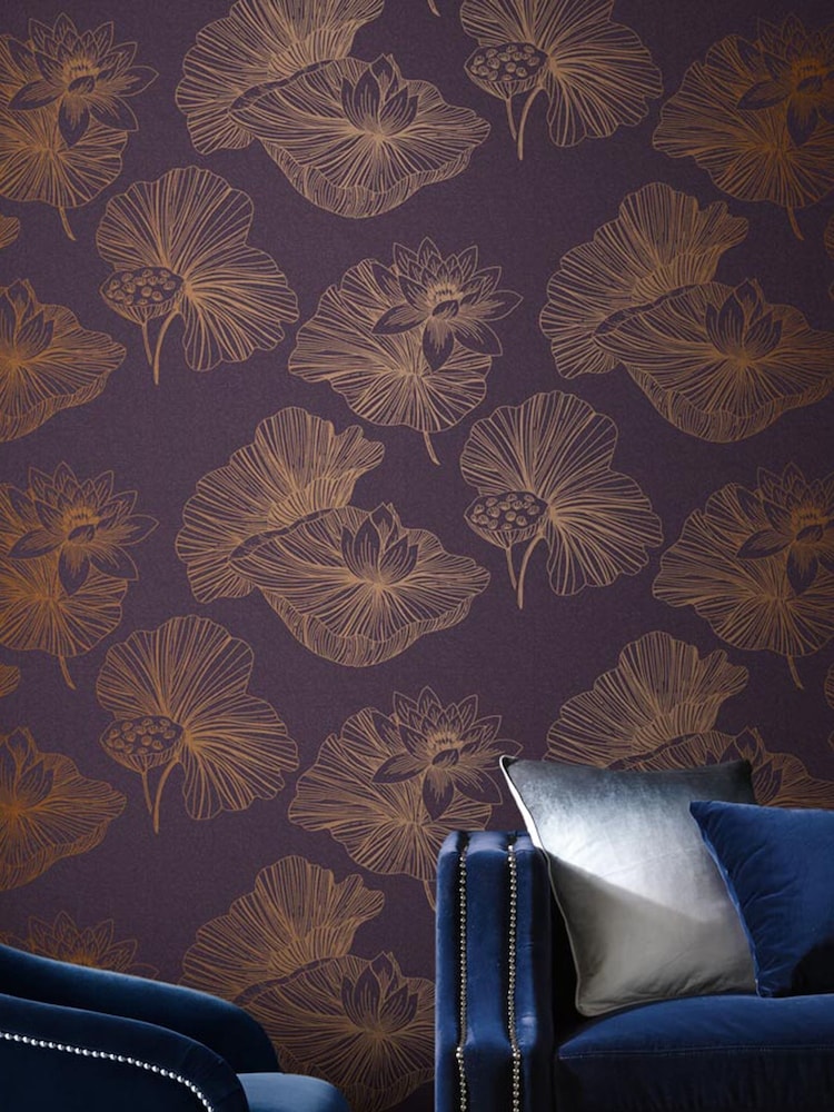 Graham & Brown Plum Purple Lotus Floral Wallpaper Sample - Image 1 of 3