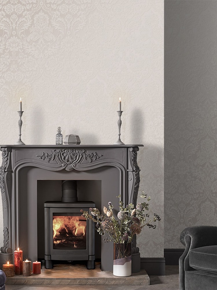 Graham & Brown White Gothic Damask Wallpaper Sample - Image 1 of 3
