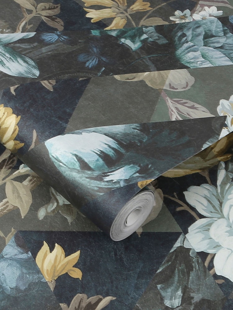 Graham & Brown Midnight Blue Timepiece Floral Wallpaper Sample - Image 2 of 3