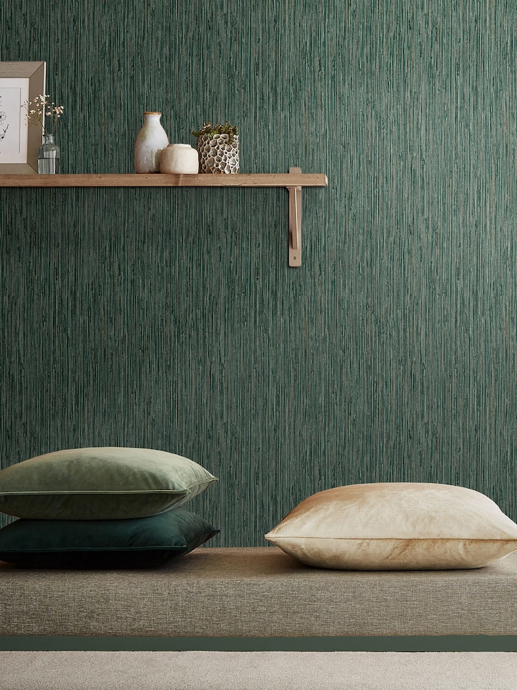Graham & Brown Pine Green Grasscloth Texture Wallpaper Sample - Image 1 of 3