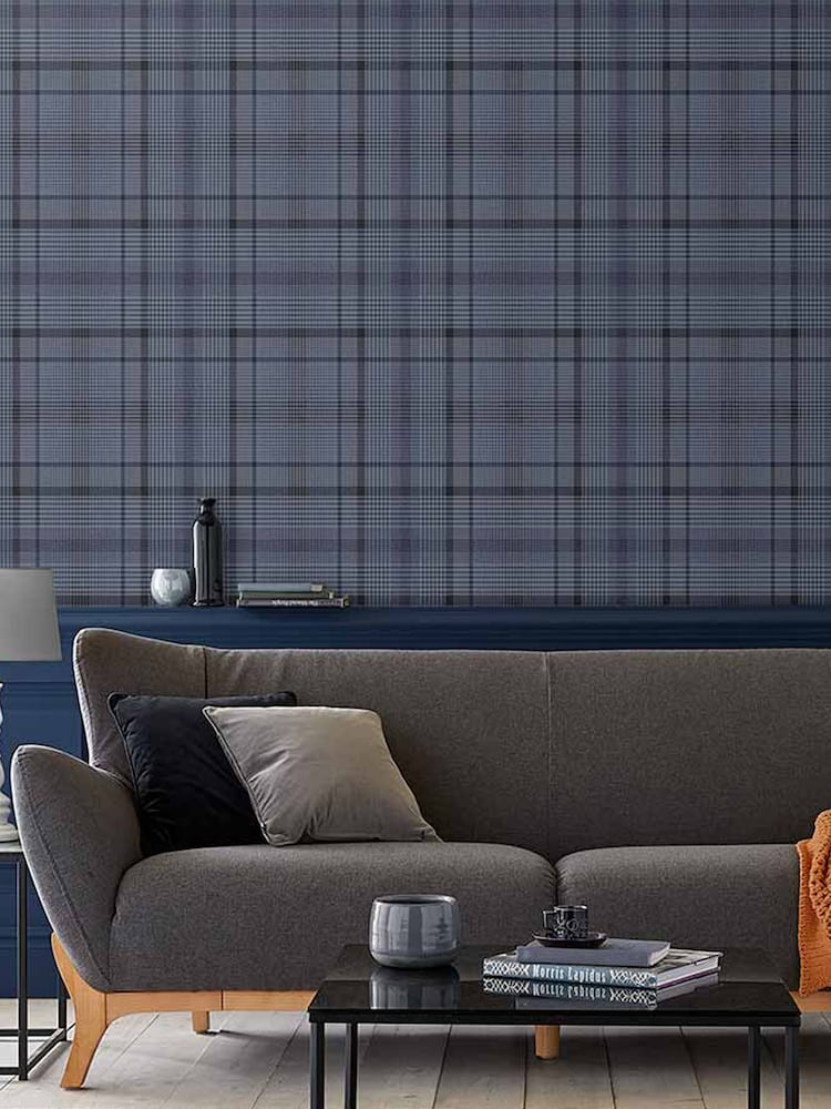 Graham & Brown Navy Blue Heritage Plaid Wallpaper Sample - Image 1 of 3