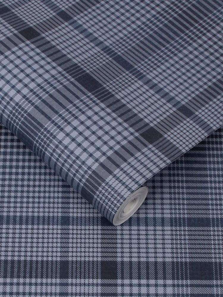 Graham & Brown Navy Blue Heritage Plaid Wallpaper Sample - Image 2 of 3