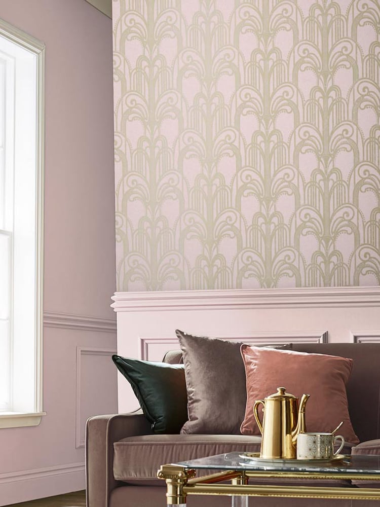 Graham & Brown Blush Pink Art Deco Wallpaper Sample - Image 1 of 3