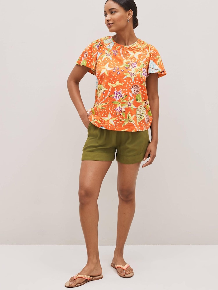 Orange Tropical Smocked Short Sleeves Round Neck Top - Image 2 of 5