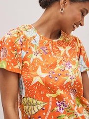 Orange Tropical Smocked Short Sleeves Round Neck Top - Image 4 of 5