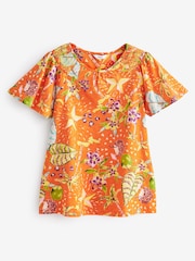 Orange Tropical Smocked Short Sleeves Round Neck Top - Image 5 of 5