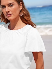 White Ruched Shoulder Round Neck Short Sleeve T-Shirt - Image 4 of 5
